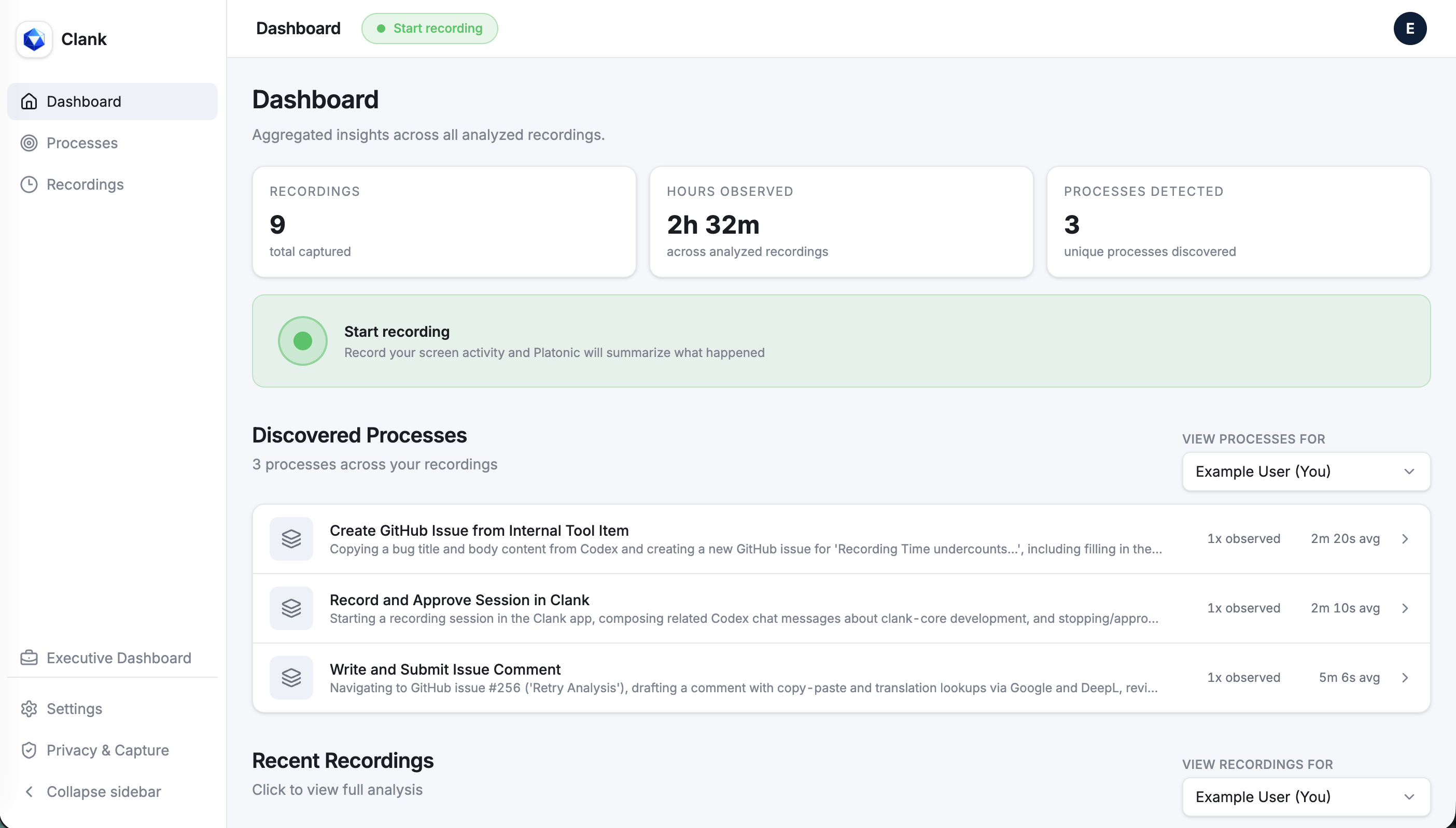 Clank dashboard showing recordings, observed hours, and detected processes