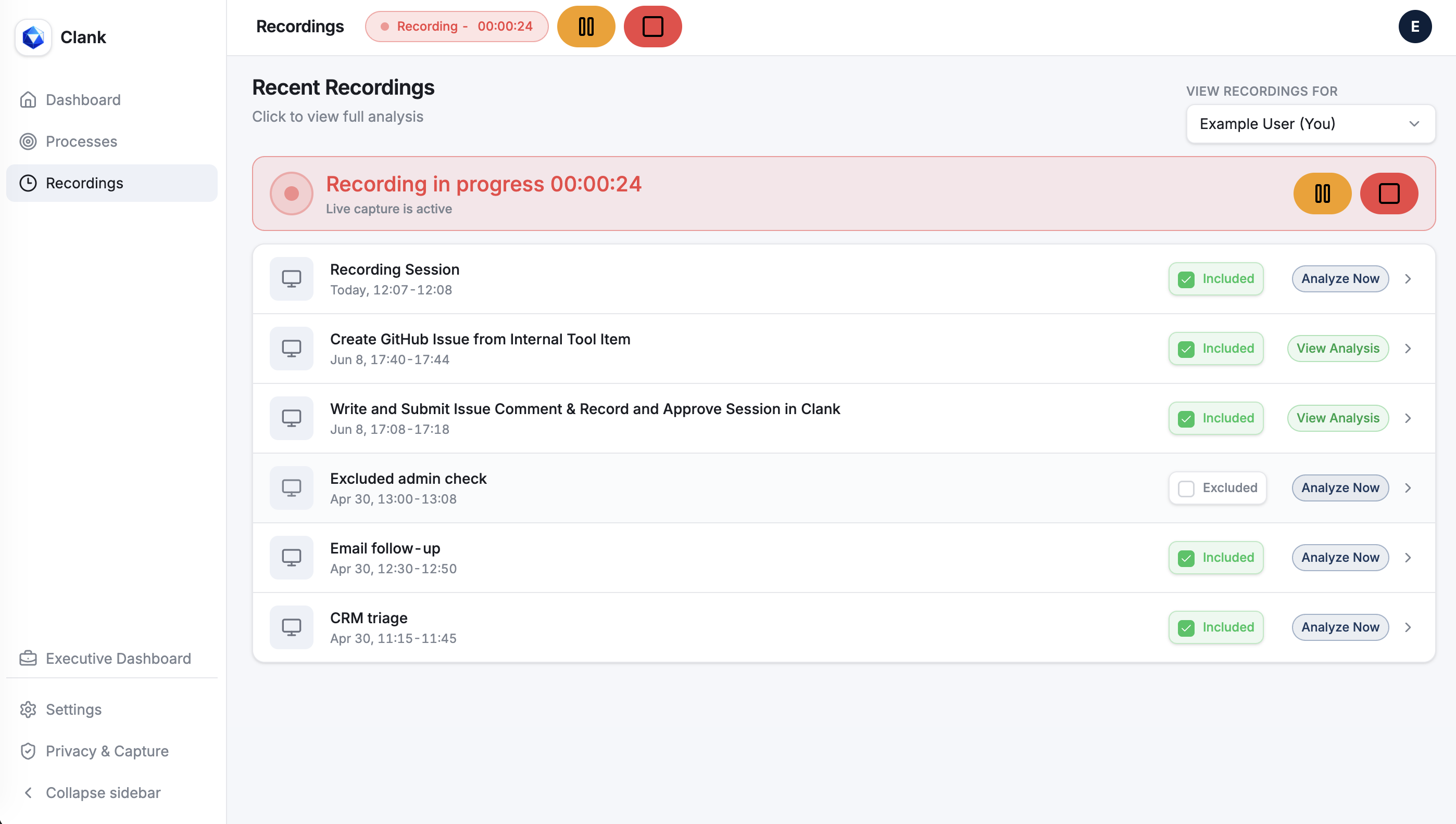 Clank workflow recording and activity analysis